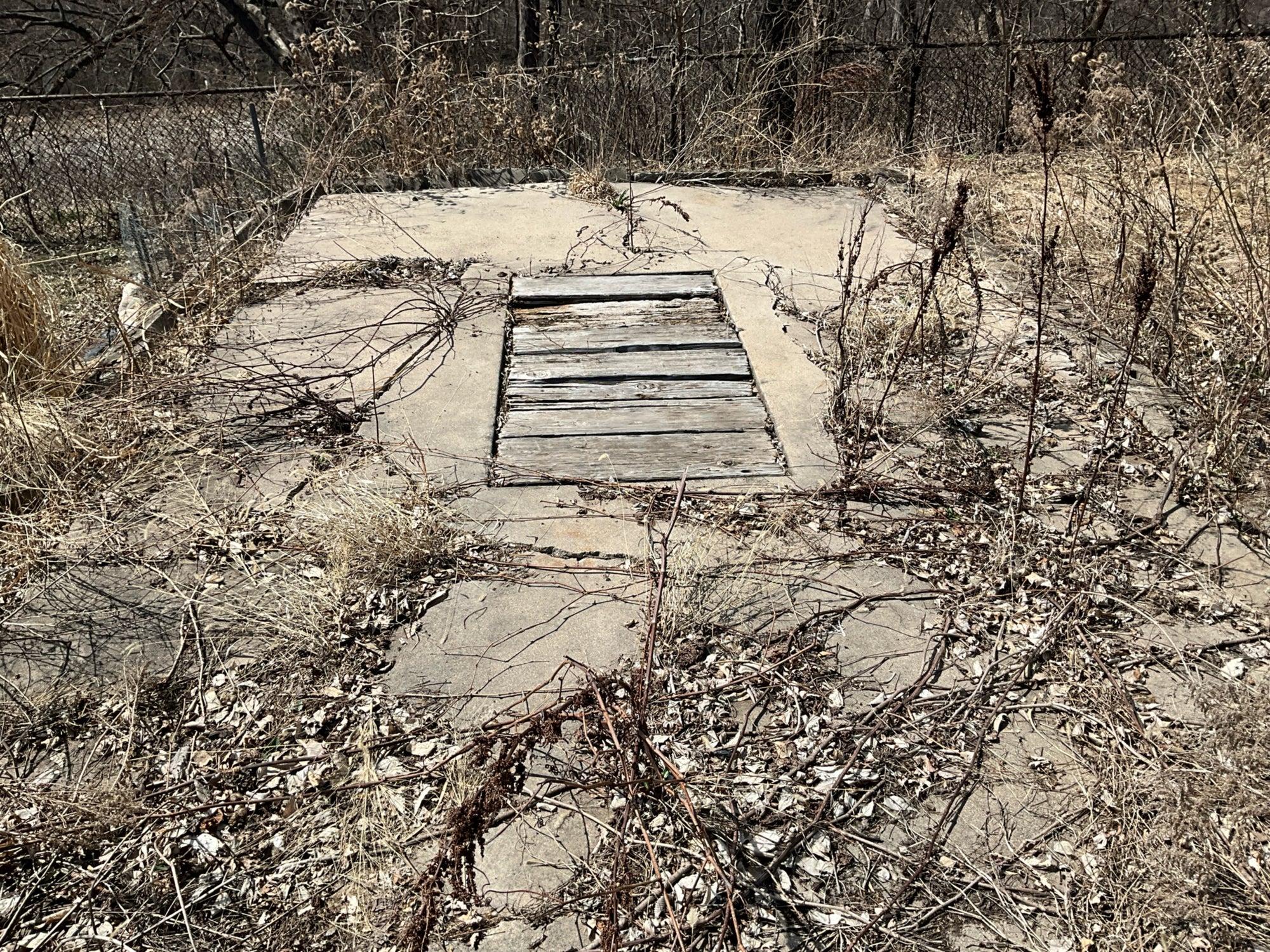 Before: Cracked concrete and asphalt driveway and old mechanics pit in Bryn Mawr Minneapolis